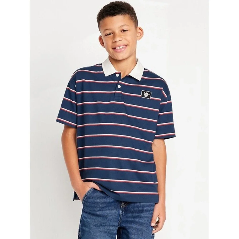 Old Navy Boys Navy Blue Striped Rugby Polo Shirt Shaka Patch Size L 10-12